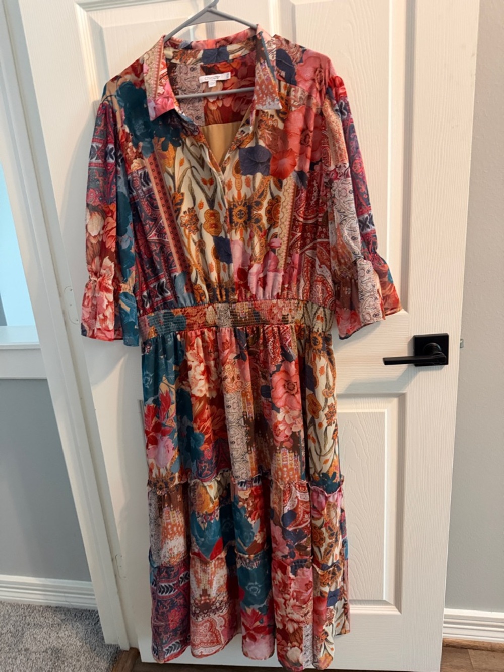Chico's Floral Patchwork Maxi Dress in Teal, Rust, Pink and Cream